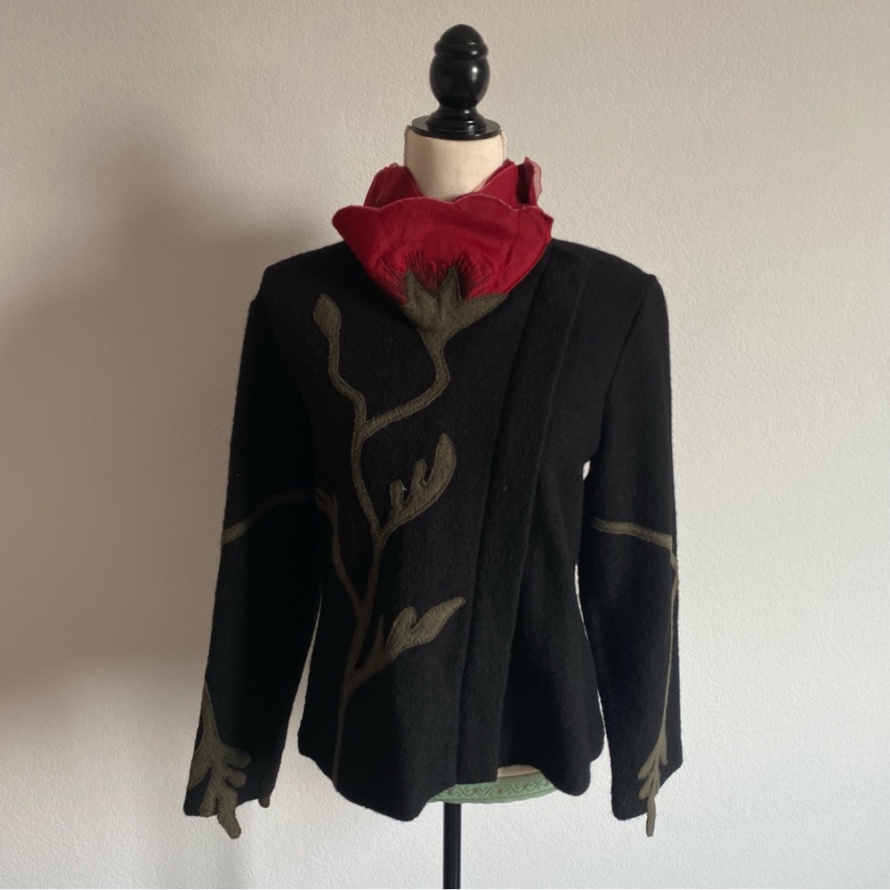 Wool Blend Black Floral-Accent Jacket with Red Collar
